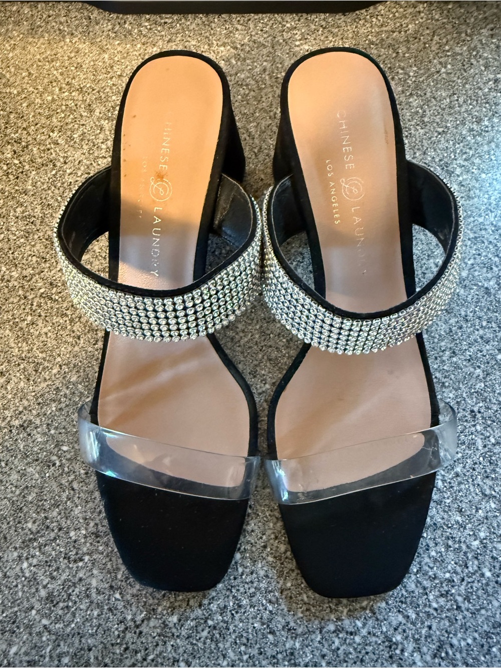 Chinese Laundry Black Block Heel Sandals with Rhinestone Ankle Strap